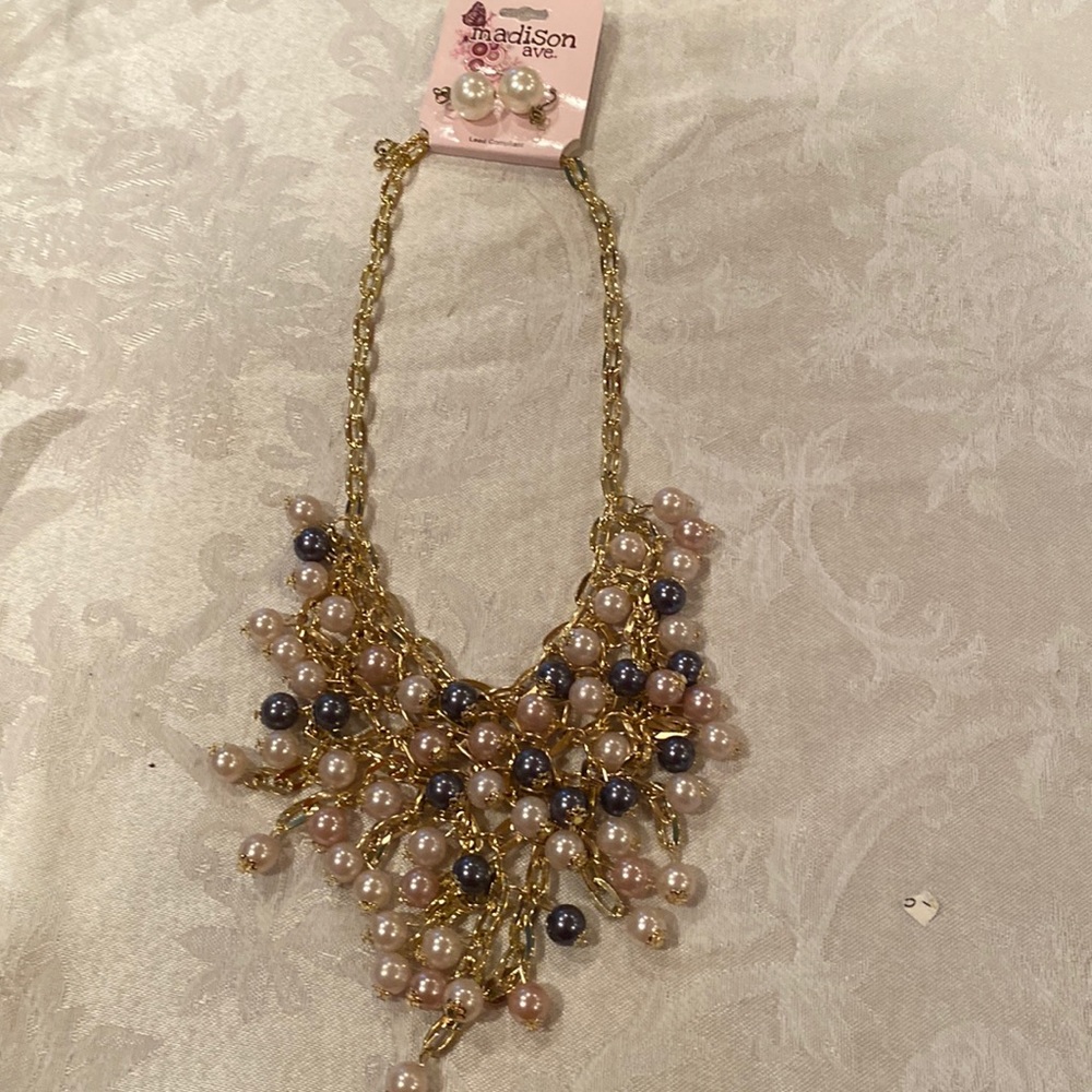 Cluster pearl(not real) necklace with earrings. Madison  Ave costume jewelry